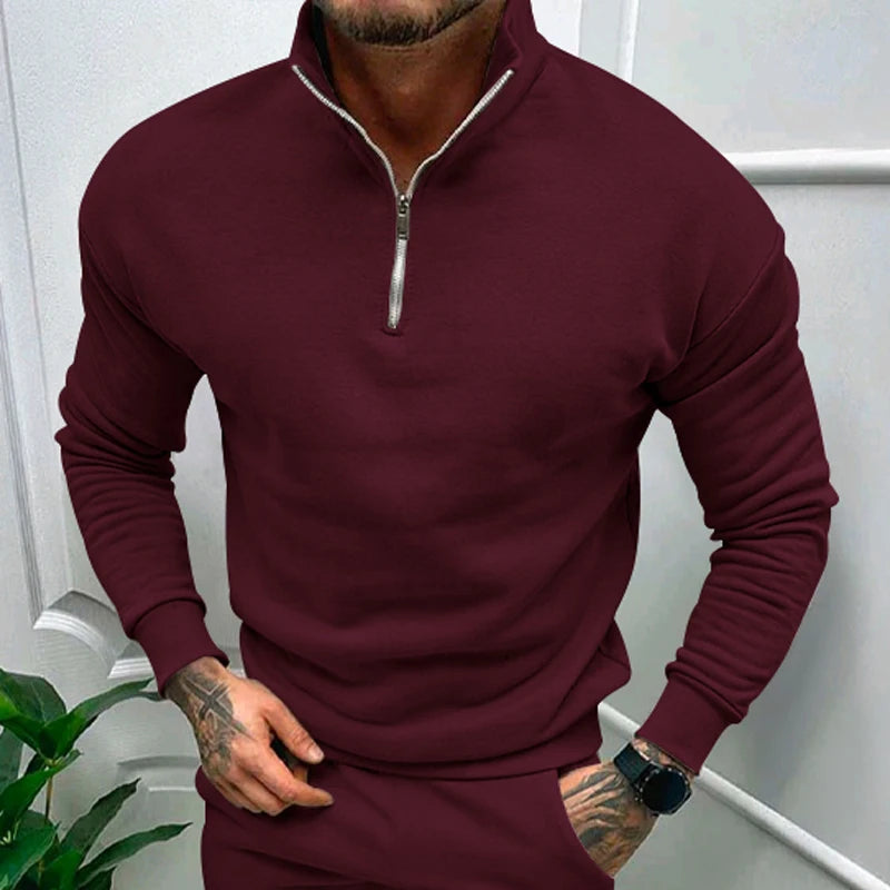 Adrian - Casual Half Zip Standing Neck Top Set