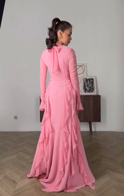 Serena™ | Fashion Round Neck Elegant Flare Sleeve Ruffled Long Dress