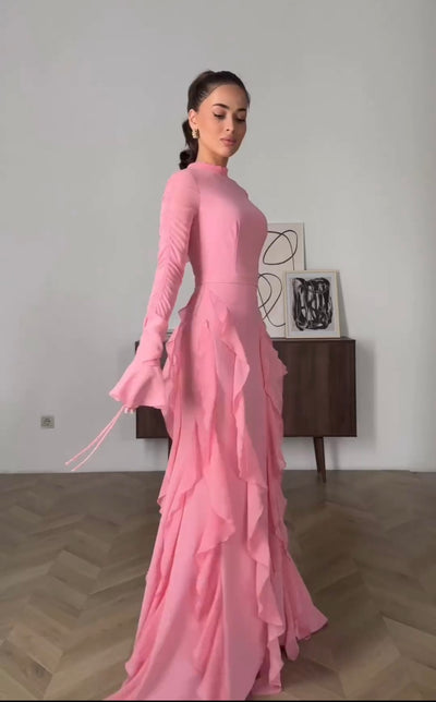 Serena™ | Fashion Round Neck Elegant Flare Sleeve Ruffled Long Dress