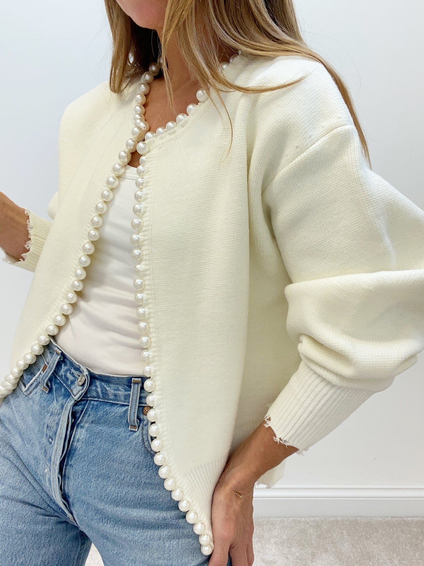 Eliza | Pearl Trim Ripped Hem Cardigan