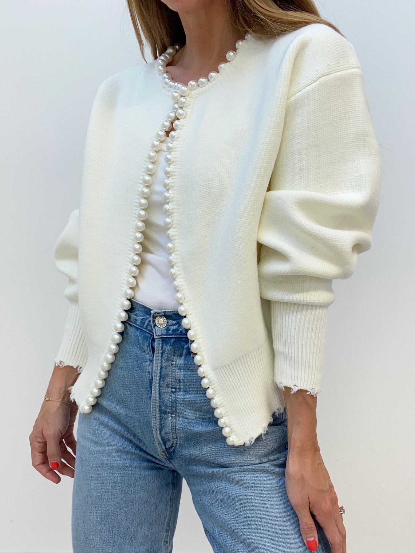 Eliza | Pearl Trim Ripped Hem Cardigan