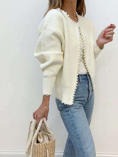 Eliza | Pearl Trim Ripped Hem Cardigan