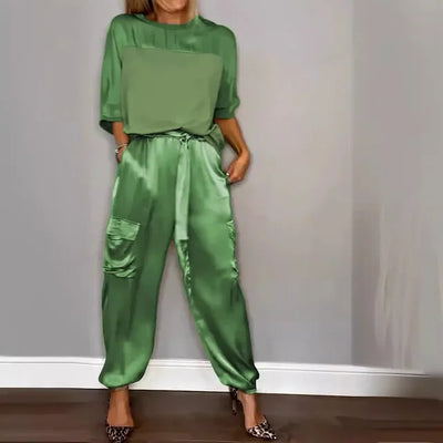 Smooth Satin Half-sleeved Top and Pants Set