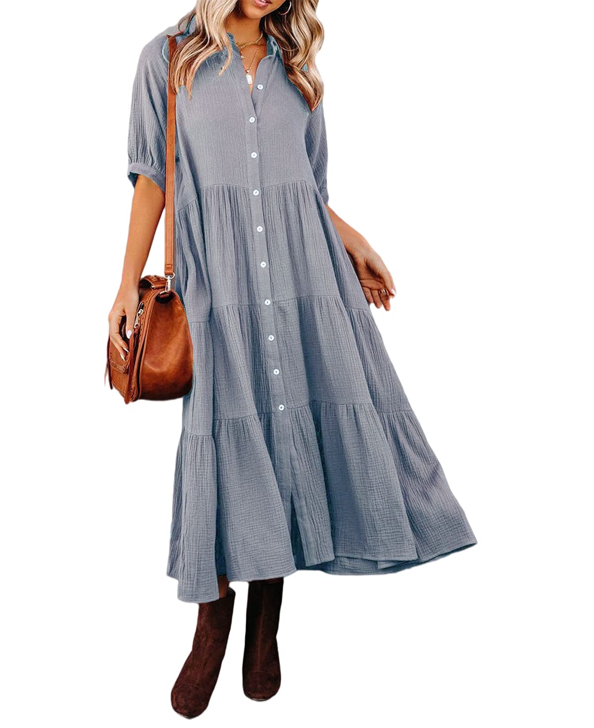 Angilena - Half Sleeves Midi Dress with Pockets