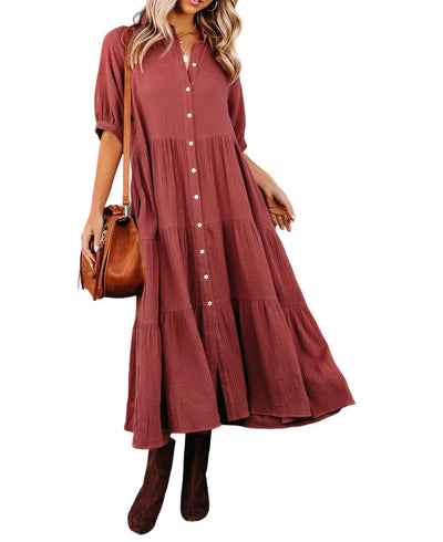 Angilena - Half Sleeves Midi Dress with Pockets