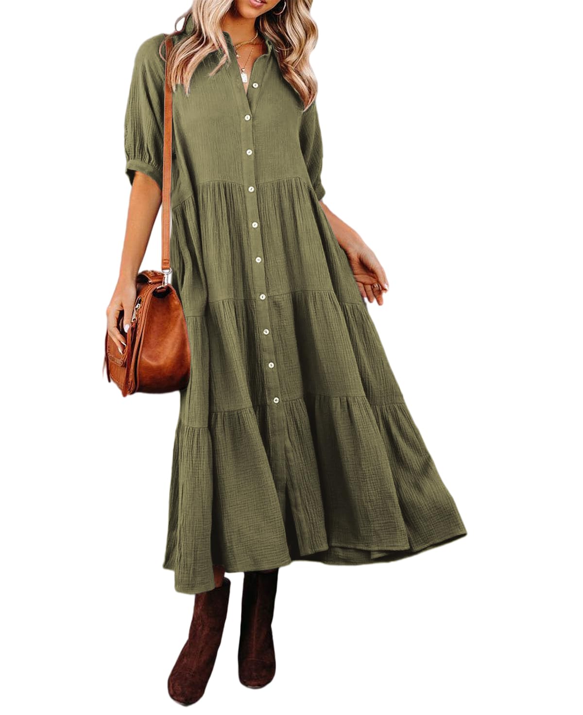 Angilena - Half Sleeves Midi Dress with Pockets