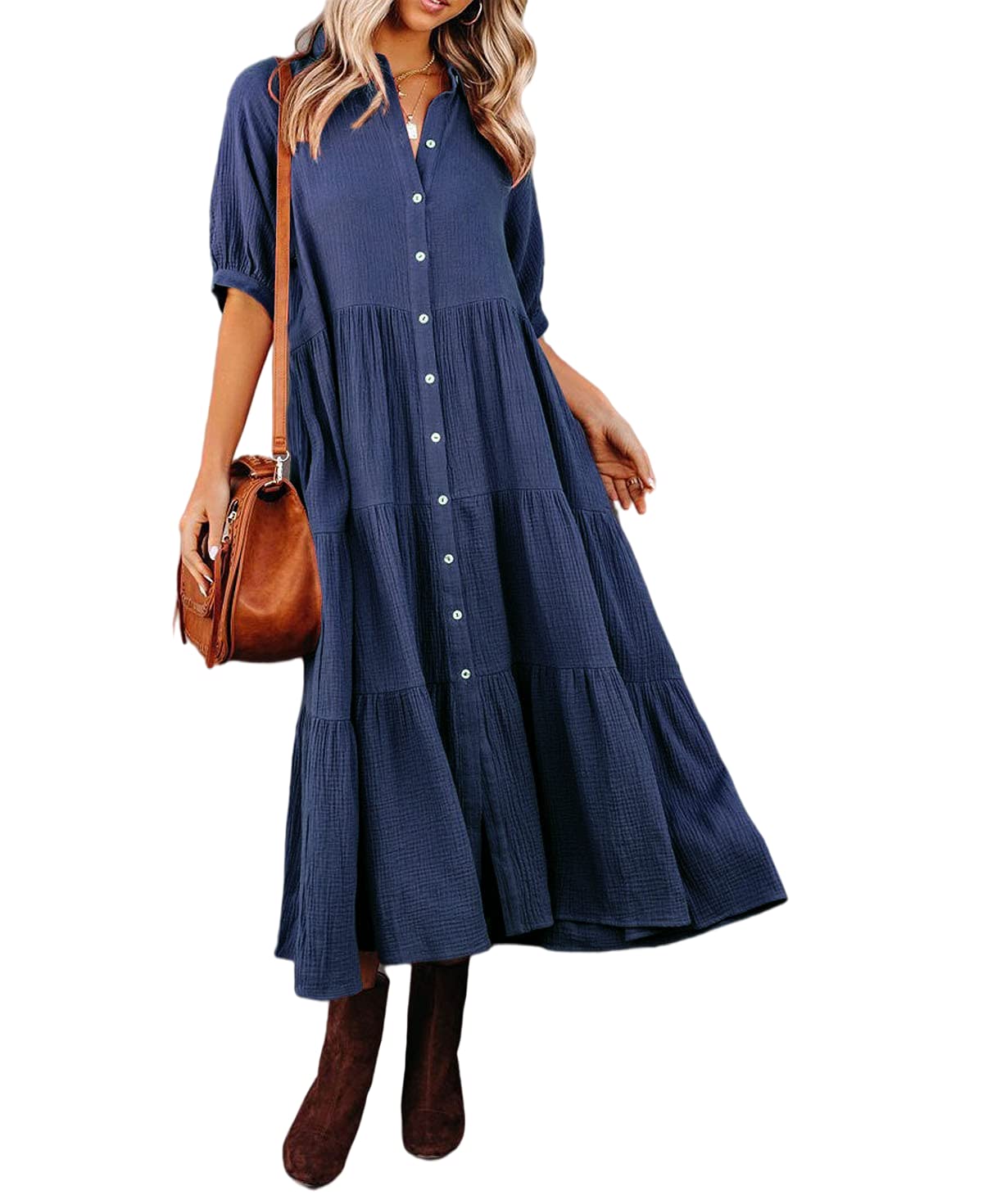 Angilena - Half Sleeves Midi Dress with Pockets