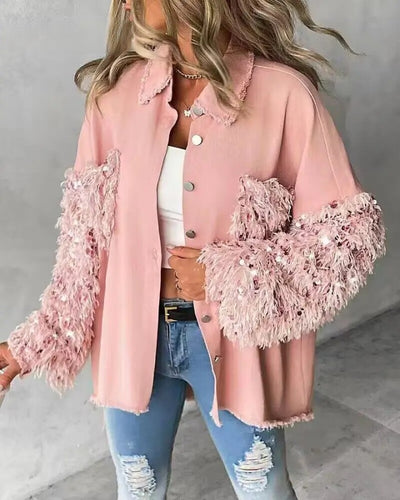 Sequin Tassel Design Fuzzy Patchwork Jacket