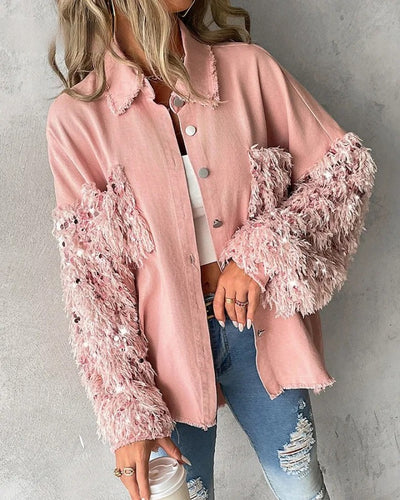 Sequin Tassel Design Fuzzy Patchwork Jacket