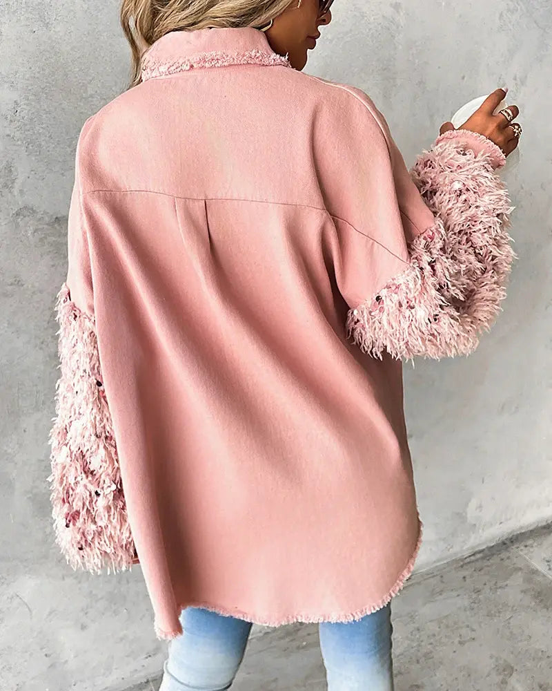 Sequin Tassel Design Fuzzy Patchwork Jacket