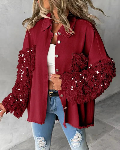 Sequin Tassel Design Fuzzy Patchwork Jacket