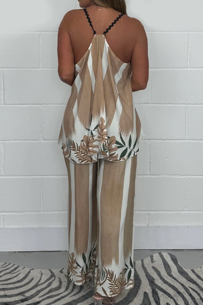 Belinda™ | Leaf Pattern Racer Vest & Flowing Trousers