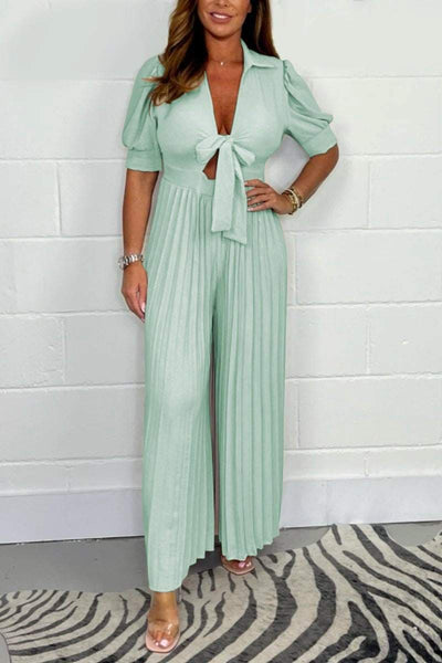 Adeline - Pleated Short Sleeves Jumpsuit